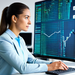 A thoughtful, professional woman in a modest business dress, seated at a clean, contemporary desk. She looks intently at a transparent holographic interface displaying simplified privacy settings and data control options. Her expression is focused and empowered, indicating understanding and control. The background is a minimalist, brightly lit modern office with subtle digital patterns, suggesting a secure and organized digital space. fully clothed, appropriate attire, safe for work, perfect anatomy, correct proportions, natural pose, well-formed hands, proper finger count, natural body proportions, professional dress, high-quality, professional photography, digital art, appropriate content.