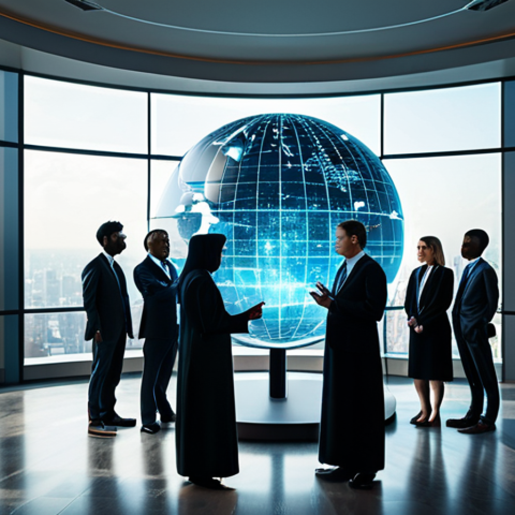 A diverse group of professionals in modest, contemporary business suits, gathered around a large, illuminated holographic globe displaying intricate, secure data flows and abstract legal symbols. The setting is a spacious, modern conference room with floor-to-ceiling windows overlooking a global cityscape. The image emphasizes international cooperation in data protection. Fully clothed, appropriate attire, safe for work, perfect anatomy, natural proportions, well-formed hands, proper finger count, professional dress, high-quality digital rendering, professional photography, appropriate content.