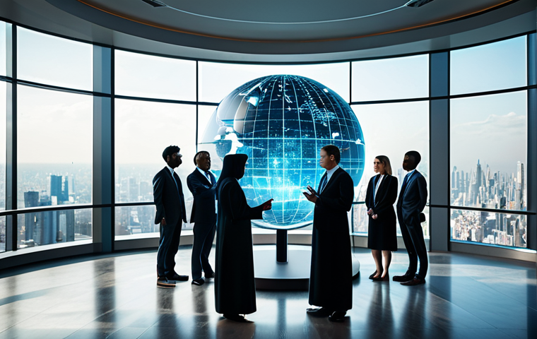 A diverse group of professionals in modest, contemporary business suits, gathered around a large, illuminated holographic globe displaying intricate, secure data flows and abstract legal symbols. The setting is a spacious, modern conference room with floor-to-ceiling windows overlooking a global cityscape. The image emphasizes international cooperation in data protection. Fully clothed, appropriate attire, safe for work, perfect anatomy, natural proportions, well-formed hands, proper finger count, professional dress, high-quality digital rendering, professional photography, appropriate content.