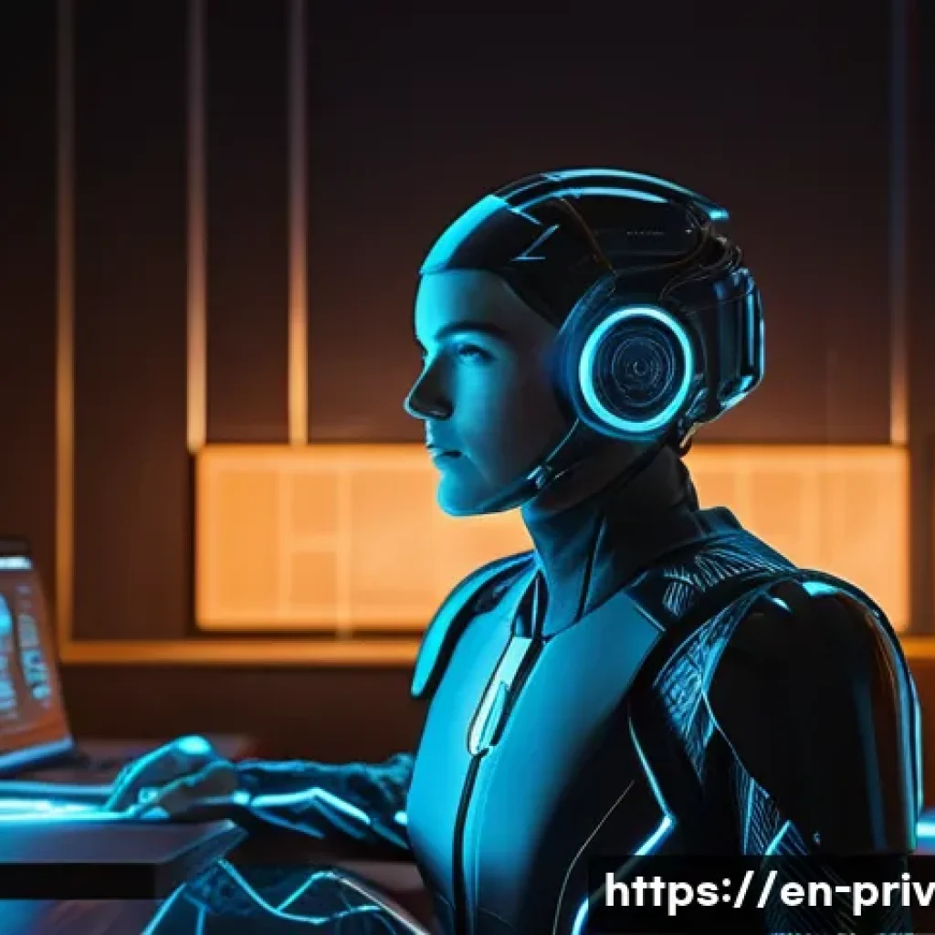 개인정보 보호를 위한 기술적 접근법 - **"The Digital Guardian Awaits"**
A futuristic, highly detailed image depicting a person (wearin...