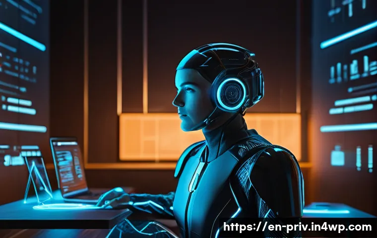 개인정보 보호를 위한 기술적 접근법 - **"The Digital Guardian Awaits"**
A futuristic, highly detailed image depicting a person (wearin...