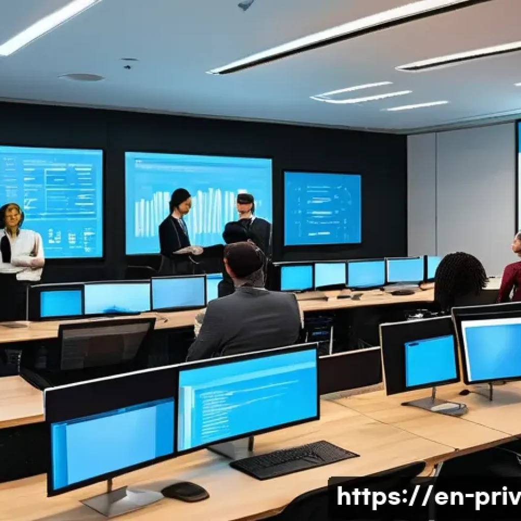 데이터 프라이버시와 고객 데이터 관리 - A modern corporate office scene showing a diverse group of employees engaged in a privacy training w...