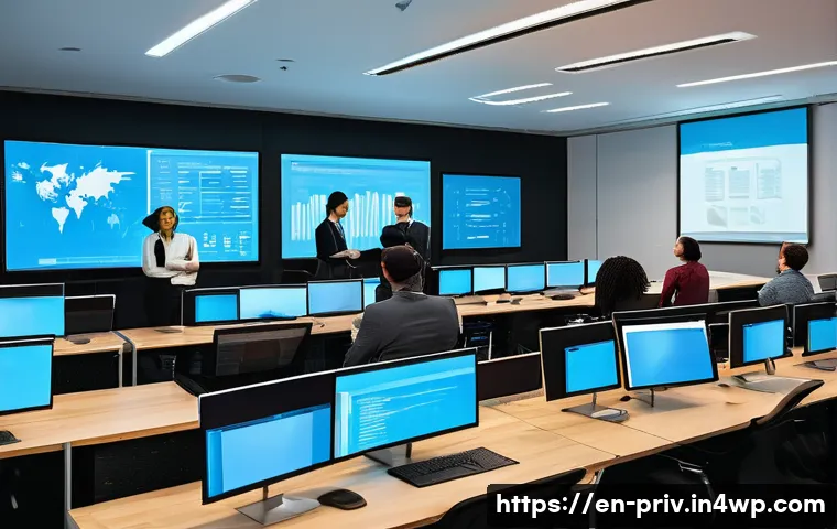 데이터 프라이버시와 고객 데이터 관리 - A modern corporate office scene showing a diverse group of employees engaged in a privacy training w...