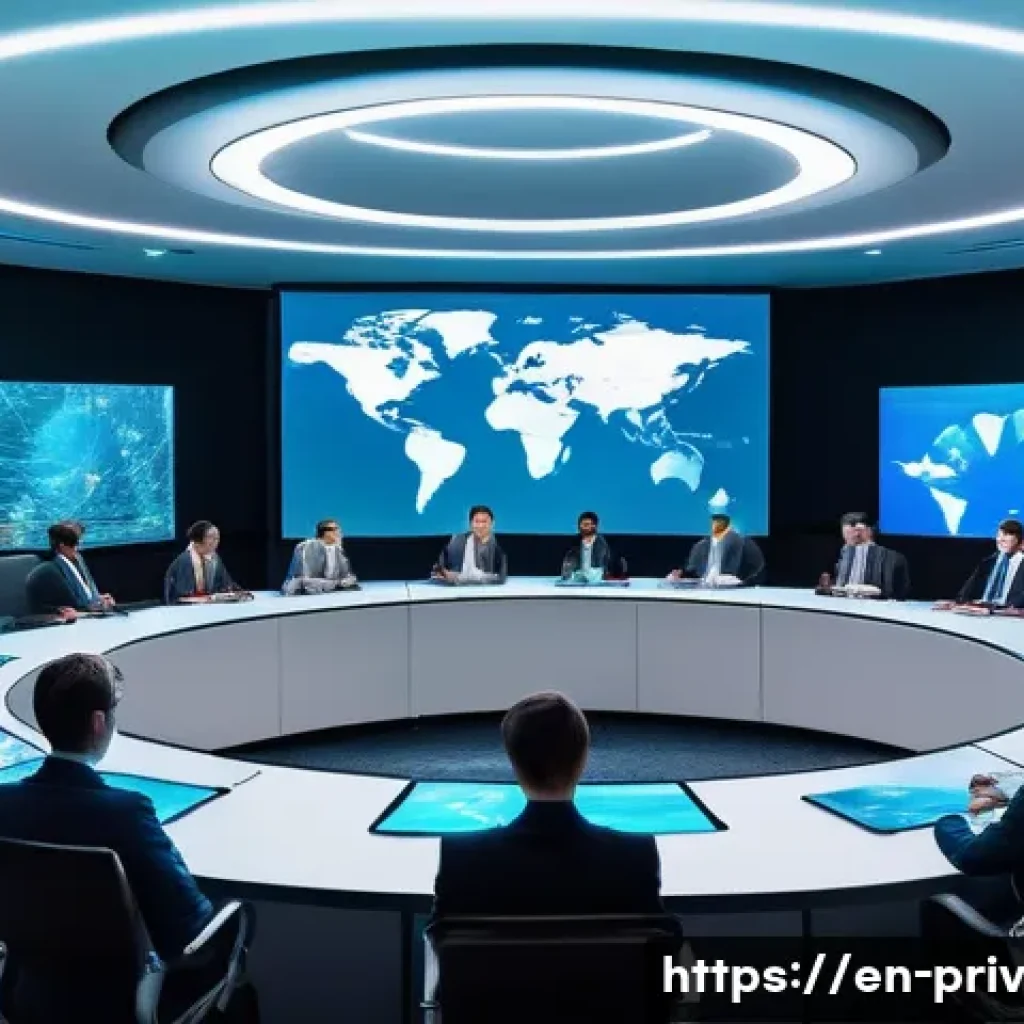데이터 프라이버시 관련 국제 협약 - A futuristic global data privacy conference room with diverse international delegates seated around ...