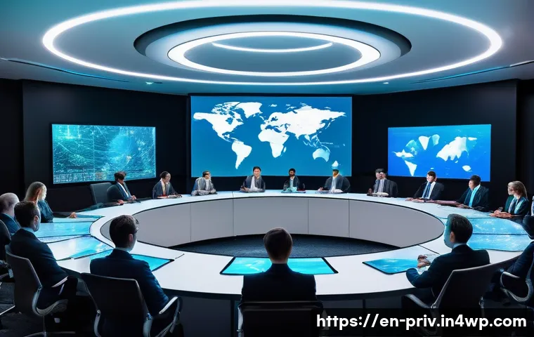 데이터 프라이버시 관련 국제 협약 - A futuristic global data privacy conference room with diverse international delegates seated around ...