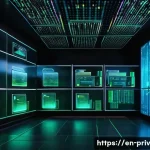 데이터 보호를 위한 인프라 구축 - A high-tech corporate data center room showcasing layered security protocols: multiple digital scree...