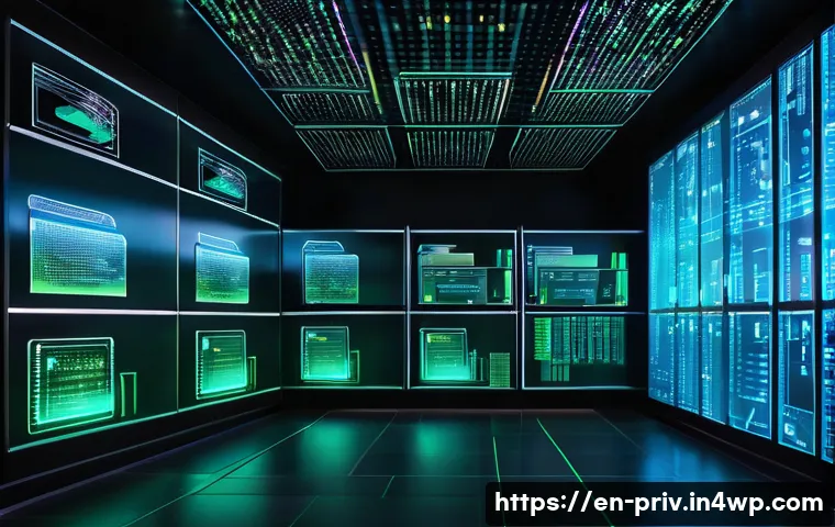 데이터 보호를 위한 인프라 구축 - A high-tech corporate data center room showcasing layered security protocols: multiple digital scree...