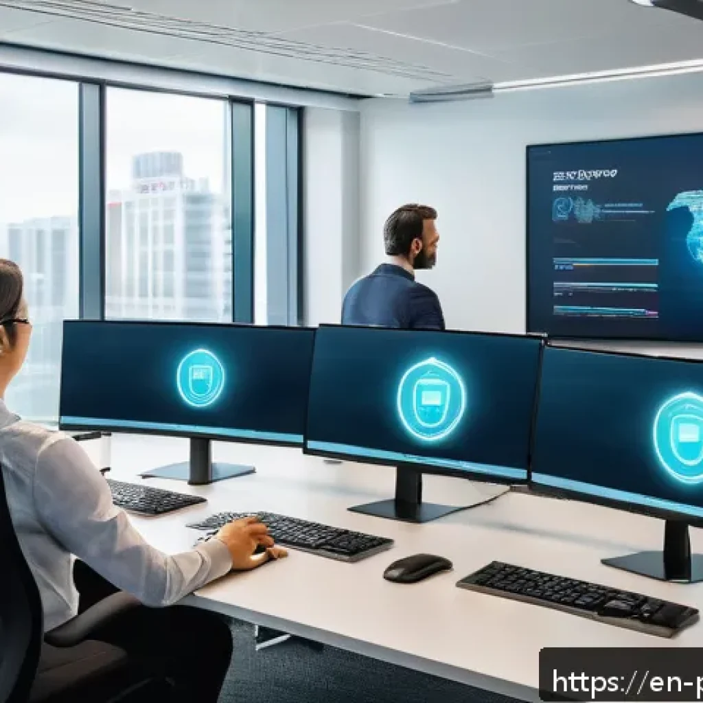 직원 교육을 통한 데이터 보호 강화 - A modern office setting with diverse employees engaged in an interactive cybersecurity training sess...