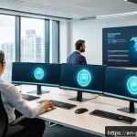 직원 교육을 통한 데이터 보호 강화 - A modern office setting with diverse employees engaged in an interactive cybersecurity training sess...