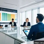 데이터 프라이버시 감사가 필요한 이유 - A modern corporate office setting with a diverse team of professionals gathered around a large digit...