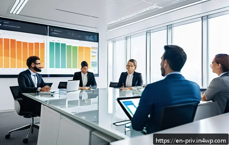 데이터 프라이버시 감사가 필요한 이유 - A modern corporate office setting with a diverse team of professionals gathered around a large digit...
