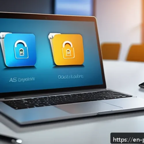 안전한 파일 공유를 위한 방법 - A modern office workspace showing a professional securely sharing files on a sleek laptop, with mult...
