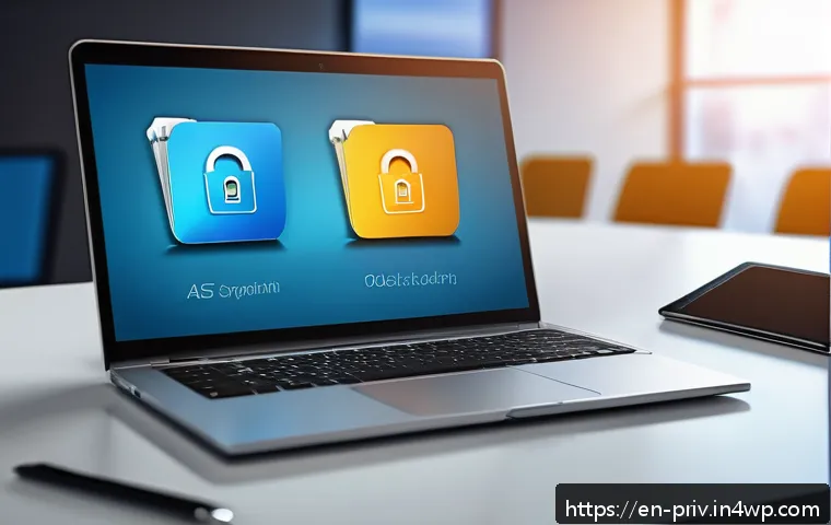 안전한 파일 공유를 위한 방법 - A modern office workspace showing a professional securely sharing files on a sleek laptop, with mult...