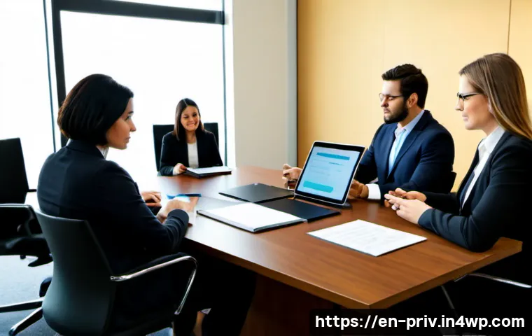 데이터 프라이버시를 위한 정책 프레임워크 - Photorealistic corporate privacy governance meeting in a modern American office, diverse legal, IT, ...