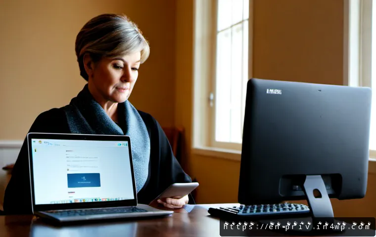 Home 17 데이터 프라이버시와 사용자 동의 관리 - Photorealistic home office scene showing a middle-aged woman calmly reviewing privacy choices on a l...